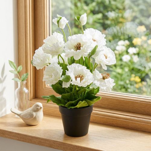 Vallmo i en blom- dekoration för blomkruka vit siden | Floristik24.se