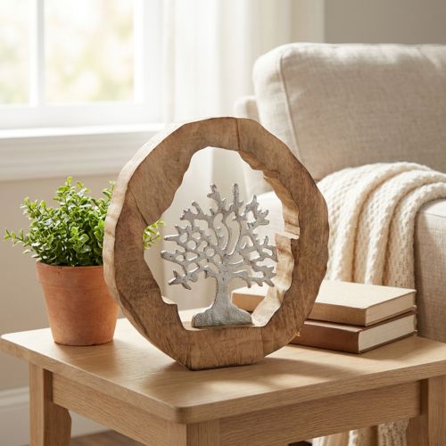 Artikel Deco skulptur träd i en träring bordsdekoration att placera 22×21×4cm