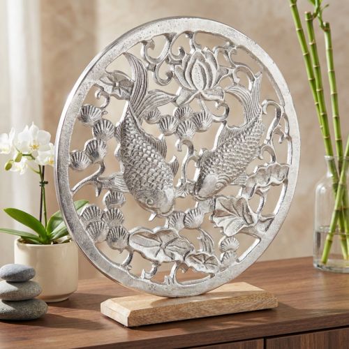 Dekorativ ring metall träbotten silver lotus koi dekoration Ø32cm | Floristik24.se