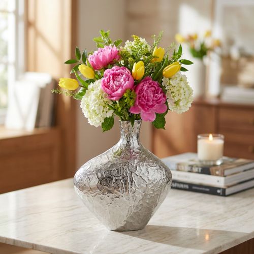 Dekorativ vas metall hamrad blomvas silver 24x8x27cm | Floristik24.se