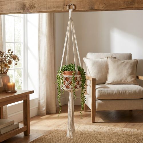 Makramé Hängande Dekoration Boho Style Ø12cm H79cm Cream - Hängande Kruka Väggdekoration | Floristik24.se