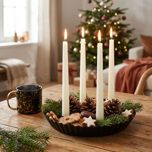 Metall ljusstake formad som tårta – Svart, Ø 24 cm – Elegant bordsdekoration för 4 ljus – 2 stycken | Floristik24.se