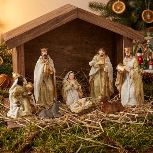 Födelsefigurer set 8 figurer krämguld handmålade 6-12,5cm | Floristik24.se