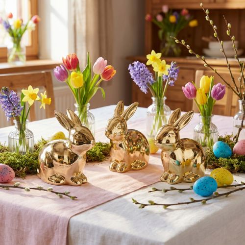 Keramiska kaniner guld kanin sittande metall look 8,5cm 3st | Floristik24.se