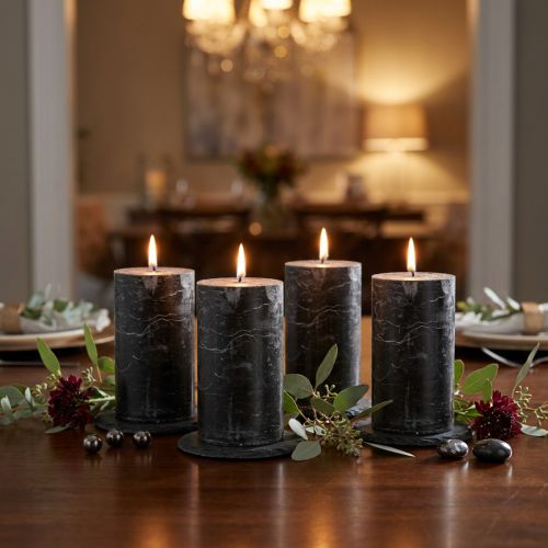 Svarta blockljus, enfärgade, 70×120 mm, set om 4 - Rustika dekorativa ljus för elegant bordsdekoration och stämning | Floristik24.se