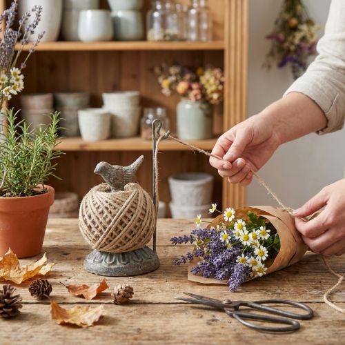 Vintage metallspolehållare med fågel- och jutegarn H17cm | Floristik24.se