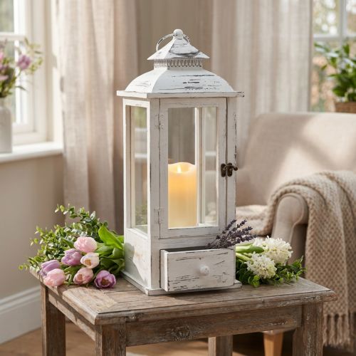 Dekorativ lykta vintage med låda vit 20×20cm H51cm | Floristik24.se