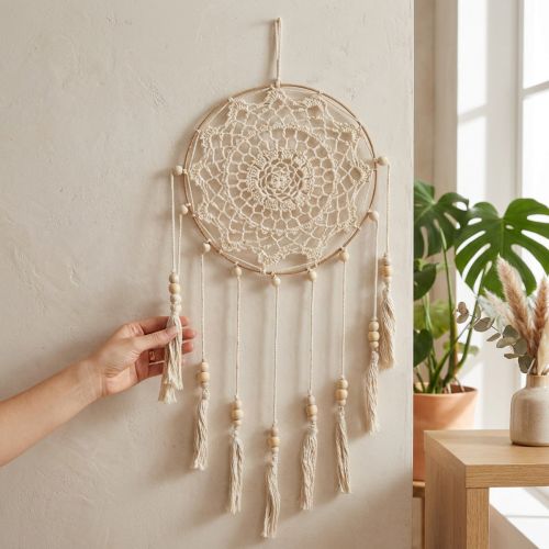 Makramé Drömfångare Väggbonad Boho Chic Väggdekor Handgjord Krämfärgad Ø22cm H54cm | Floristik24.se