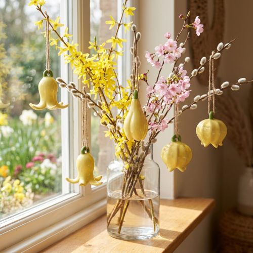 Artikel Keramiska blomhängen, glad design, blommönster, vårdekoration, 9 cm, 6 stycken