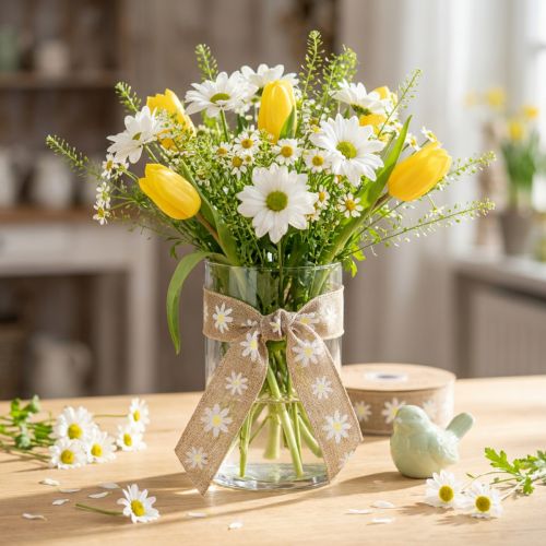 Presentband blommor brun vit dekorationsband 15mm 15m | Floristik24.se