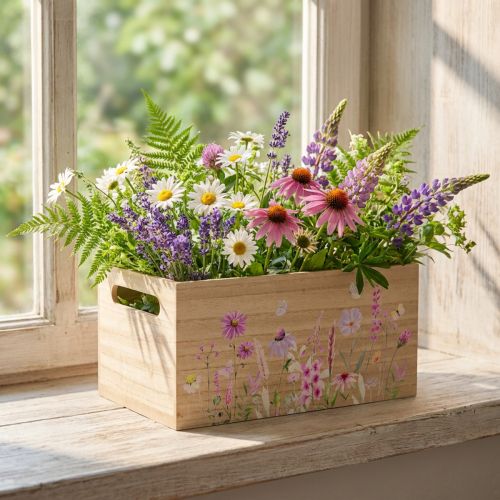 Artikel Liten trälåda, träkista, blommor, fjäril, 30x18cm