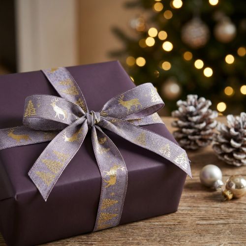 Presentband lavendel guld Julhjort 25mm 15m | Floristik24.se
