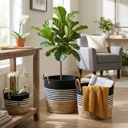Set med 3 förvaringskorgar med handtag, växtkorg och förvaringsbehållare, svart och vit, naturfärgad finish, stapelbara, Ø32/28/23cm, H30/25/19cm | Floristik24.se