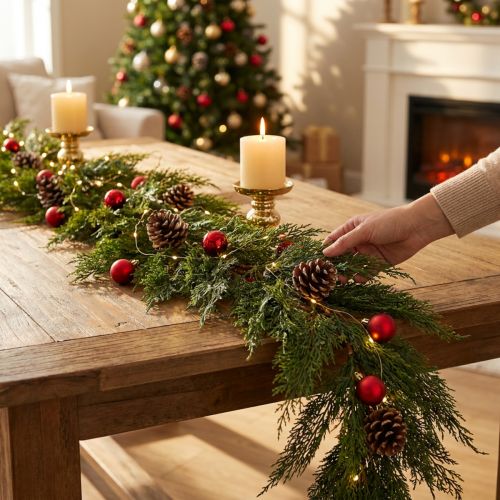 Grön tujagrangirlang med frukt, dekorativ upphängande juldekoration, festlig konstgjord girlang, 175 cm lång | Floristik24.se