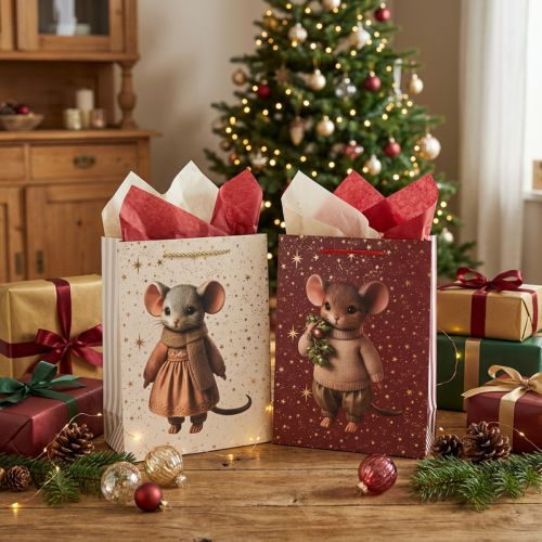 Artikel Presentpåse med musmotiv och stjärnor till jul, 24 cm, 2 stycken