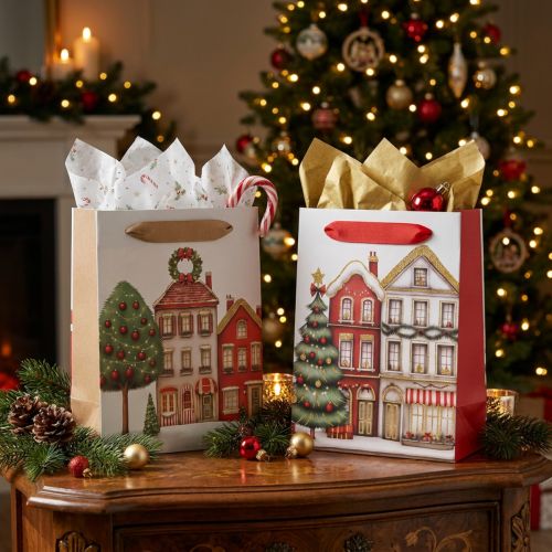 Julklappspåse med hus och julgran, 16 cm, 2 stycken | Floristik24.se