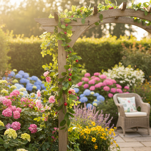 Artikel Konstgjord girlang med körsbär. Perfekt för naturlig rumsdekoration. Blommig look. 160 cm.