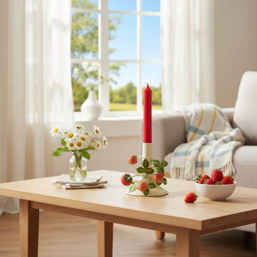 Artikel Metallljusstake med jordgubbsdekoration, sommarkräm, H13cm