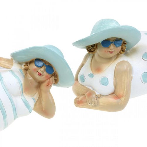 Floristik24 Damer på stranden, badskönheter, havsdekoration blå/vit H7/8cm L17cm set om 2