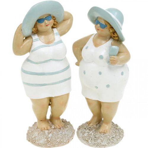 Floristik24 Dekorativ figur damer på stranden, sommardekoration, badfigurer med hatt blå/vit H15/15,5cm set om 2