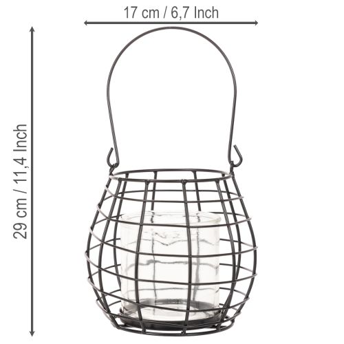 Trädgårdslykta med handtag, svart, ljushållare i glas, Ø17cm, H15cm | Floristik24.se