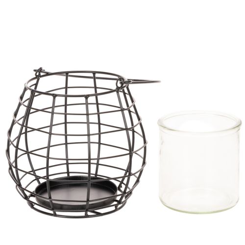 Trädgårdslykta med handtag, svart, ljushållare i glas, Ø17cm, H15cm | Floristik24.se
