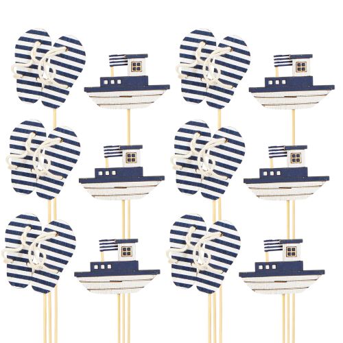Artikel Garden Stake Maritime Träflip Flops Båt Blå Vit 8cm 12 st