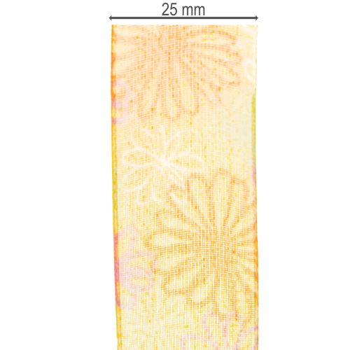 Artikel Presentband, blommigt organzaband, gul/orange, 25mm x 18m