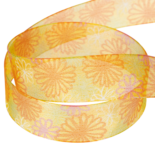 Artikel Presentband, blommigt organzaband, gul/orange, 25mm x 18m