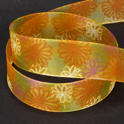 Artikel Presentband, blommigt organzaband, gul/orange, 25mm x 18m