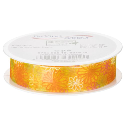 Artikel Presentband, blommigt organzaband, gul/orange, 25mm x 18m