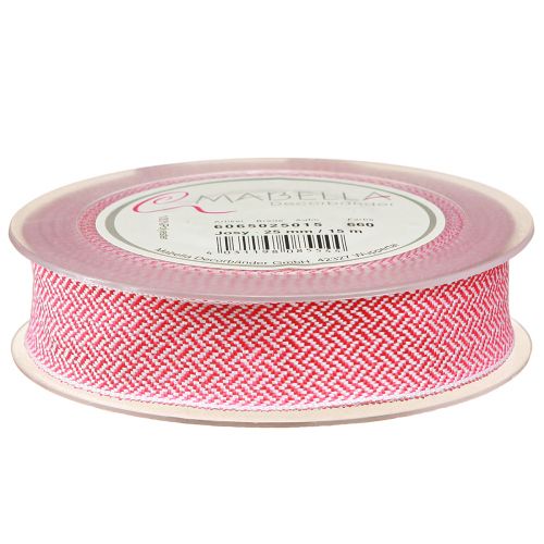 Artikel Presentband fiskbensmönster band vit rosa 25mm 15m