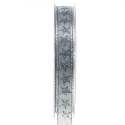 Floristik24 Presentband med stjärnor grå, silver 15mm 20m
