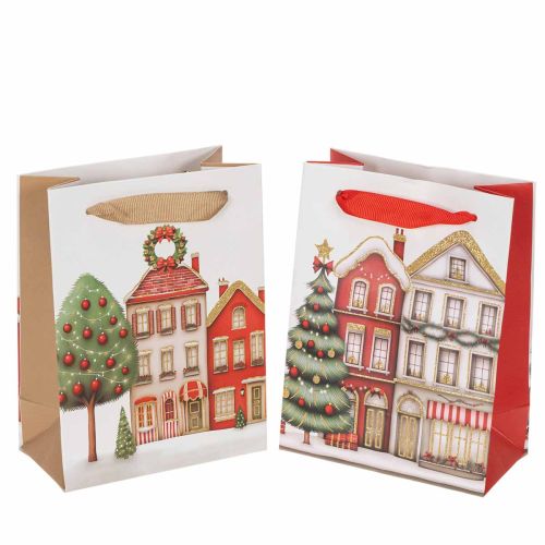 Julklappspåse med hus och julgran 16 cm 2 st