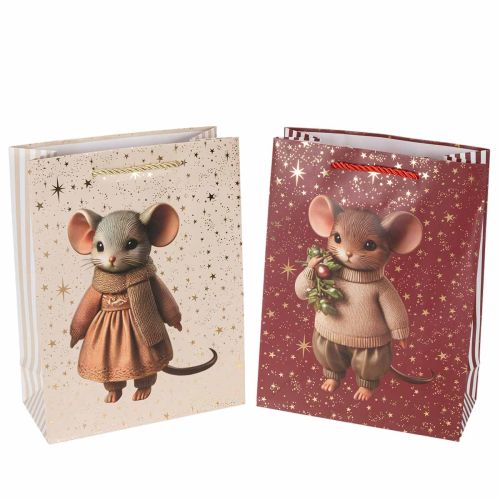Presentpåse med musmotiv och stjärnor till jul, 24 cm, 2 stycken