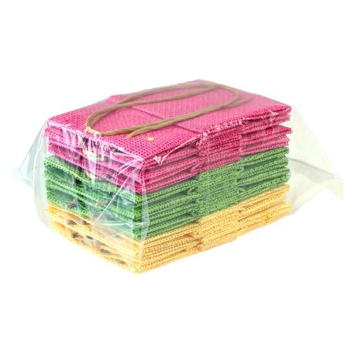 Artikel Presentpåsar med handtag papper rosa gul grön textil look 10,5cm 12st