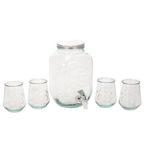 Glasbehållare med tappkran och 4 glas, återvunnet glas, H25,5 cm