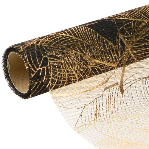 Artikel Organza bordslöpare svart-guld – elegant dekorativ tygrulle med bladmönster 48 x 450cm