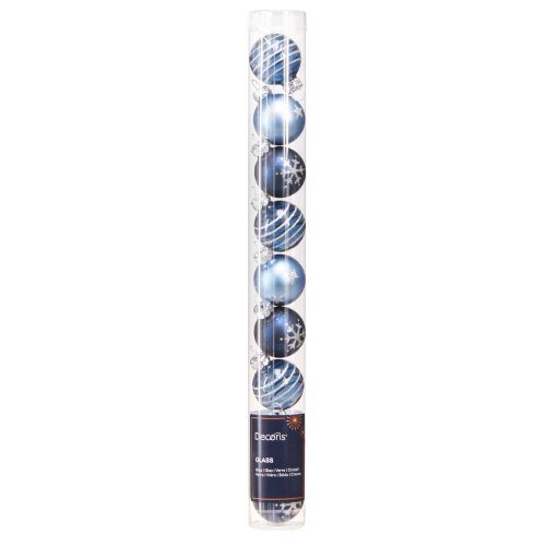 Artikel Glas julgranskulor blå silver dekor mini Ø3cm 9 st