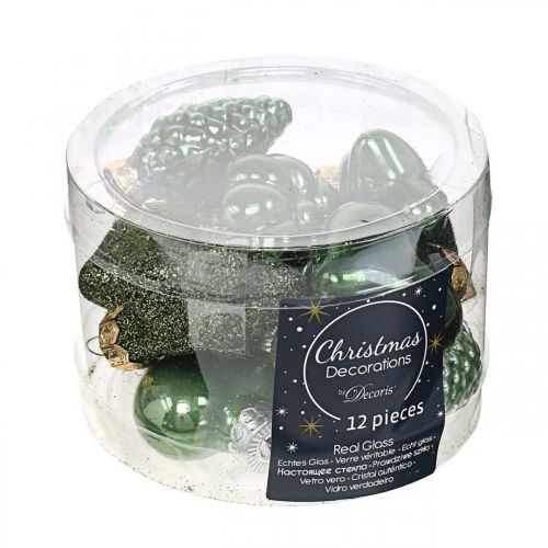 Floristik24 Mini julgransdekorationer blandar grönt glas juldekorationer diverse 4cm 12st