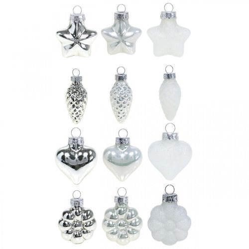 Mini julgranspynt mix glas vit, silver assorterad 4cm 12st