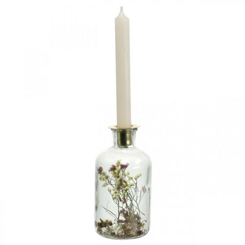 Floristik24 Glas med ljusstake, glasdekoration med torkade blommor H16cm Ø8,5cm