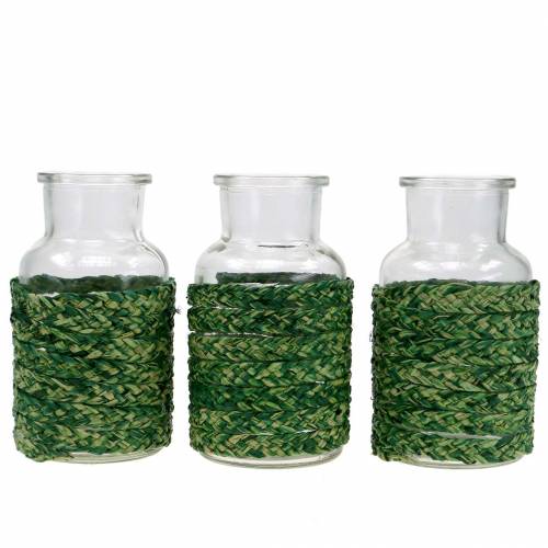 Floristik24 Glasflaska med raffia grön H12,5cm 3st