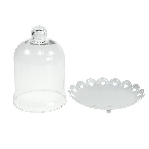 Floristik24 Glaskåpa med tallrik Ø15,5cm H17cm vit
