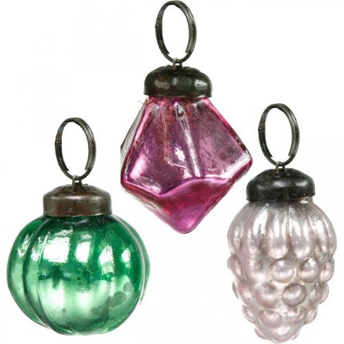 Floristik24 Glaskulmix, diamant/kula/kon av äkta glas, antik look Ø3–3,5 cm H4,5–5,5 cm 9 st.