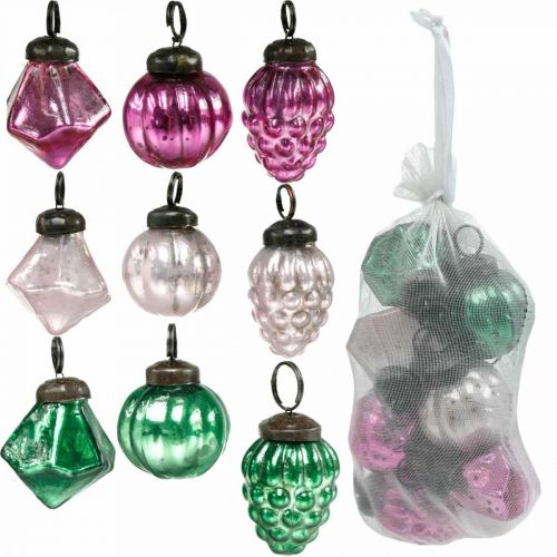 Floristik24 Glaskulmix, diamant/kula/kon av äkta glas, antik look Ø3–3,5 cm H4,5–5,5 cm 9 st.
