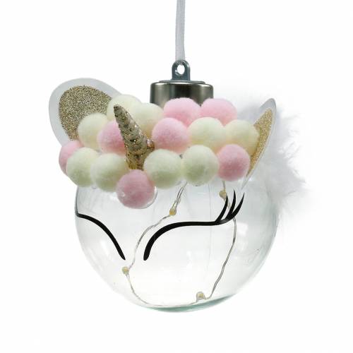 Julkula enhörning med LED-ljus kedjegodisfärger, transparent glas, pompom Ø8cm För batterier