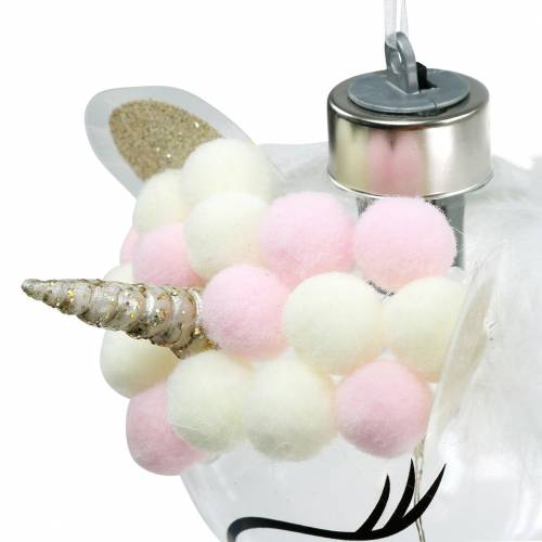 Floristik24 Julkula enhörning med LED-ljus kedjegodisfärger, transparent glas, pompom Ø8cm För batterier