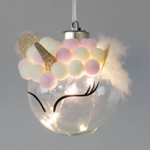 Floristik24 Julkula enhörning med LED-ljus kedjegodisfärger, transparent glas, pompom Ø8cm För batterier