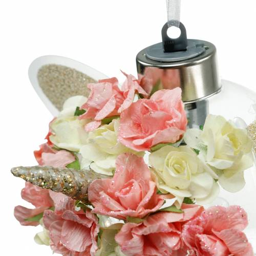 Floristik24 Julgranskula enhörning med LED-ljuskedja och blommor gult, rött, transparent glas, papper rosor Ø8cm För batterier